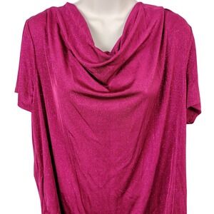 Jaclyn Smith Womens 1X Cowl Neck Top Magenta Metallic Shimmer Festive Glam